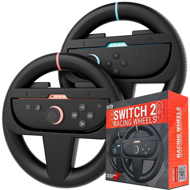 Orzly Steering Wheels – Compatible with Switch 2 (2025 Console) – Twin Pack Racing Wheel Accessories for Joy-Con Controllers and MarioKart Racing Games (2 Black Wheels) Gift Boxed - Image 1